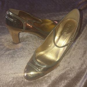 J.Crew “Spencer” Gold Crackled Leather Heels.